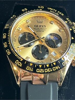 OLEVS Gold Chronograph Watch with Black Bezel